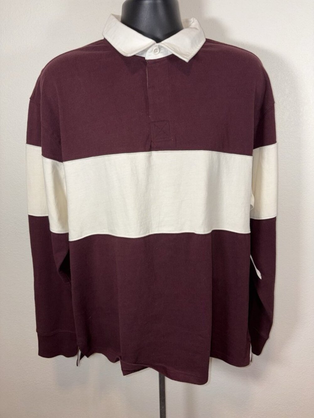 Old Navy Rugby Polo Shirt Men XL Maroon White Color block Long Sleeve Cotton NWT